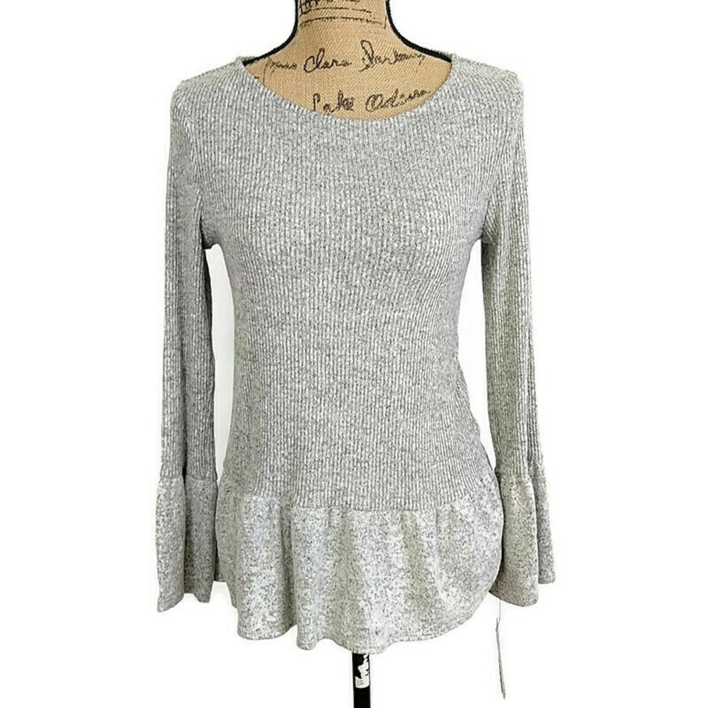 AGB Peplum Top Women Small Grey Ribbed Knit Bell Sleeve Crew Neck Long Sleeve